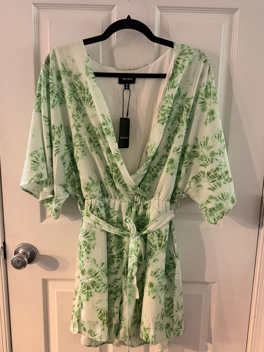 Heyson NWT Green Tie Dye Wrap Romper Size Large Boho Flutter Sleeve